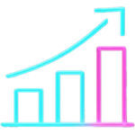 Neon bar chart icon symbolizing growth or scaling success.
