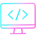 Neon icon of a monitor displaying code, representing digital work process.