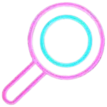 Neon magnifying glass icon symbolizing process or discovery.