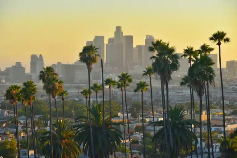 Los Angeles skyline at golden sunset with palm trees, symbolizing Southern California businesses growing with Tower25 digital marketing agency serving National City and beyond.