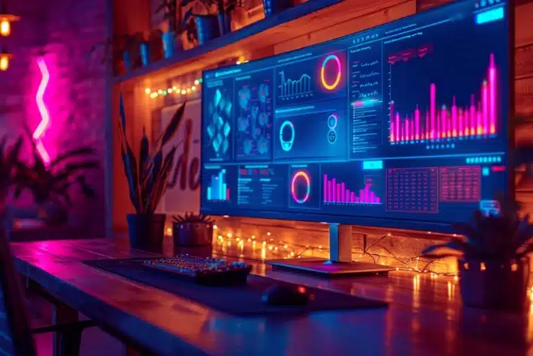 Modern workstation with neon lighting and analytics dashboard displaying digital marketing performance metrics.
