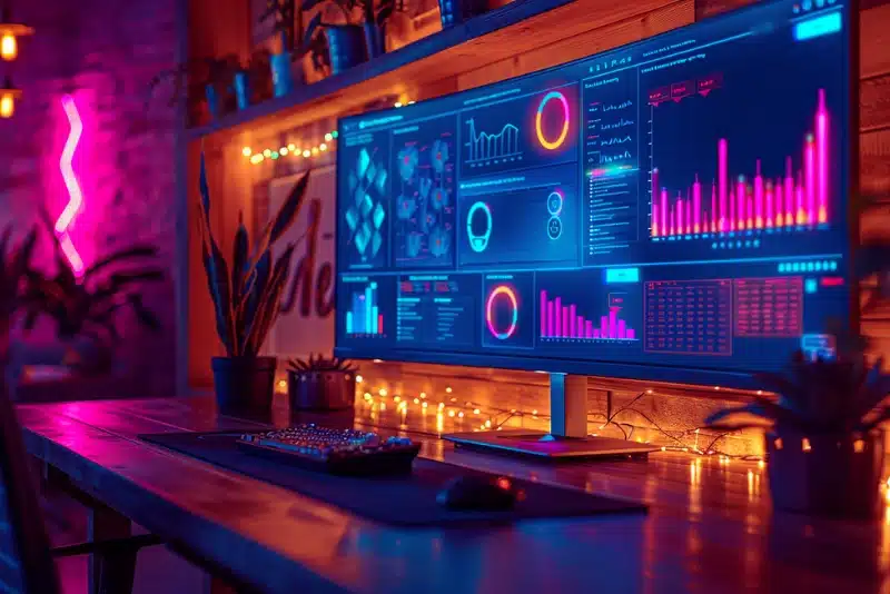 Modern workstation with neon lighting and analytics dashboard displaying digital marketing performance metrics.