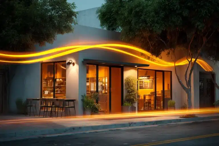 Modern small business storefront at night with glowing light trails symbolizing digital marketing growth and online visibility.