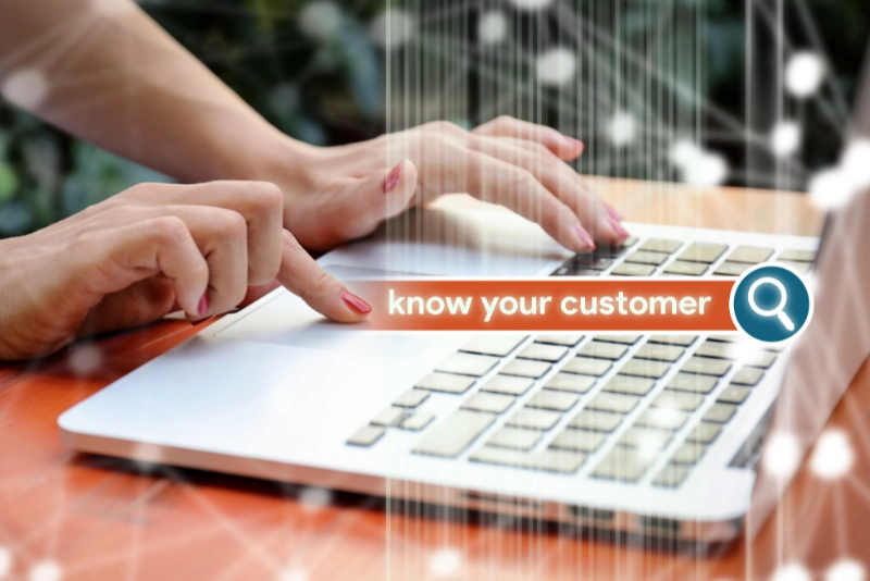 A graphic illustrating the concept of "Know Your Customer" with diverse customer profiles and data analytics visuals.