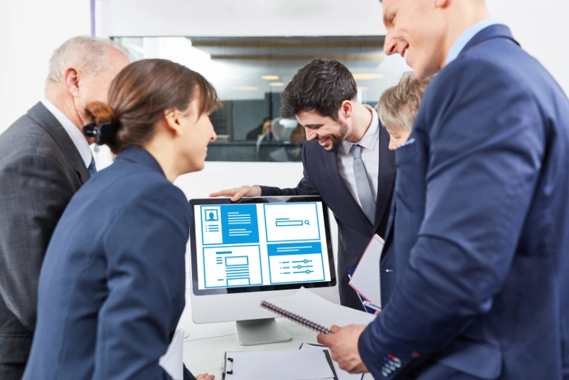A group of business professionals engaged in a meeting, collaborating over a laptop on a conference table.